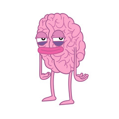 Tired human brain standing on two feet, with arms and a face