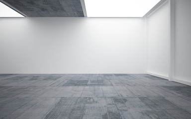 Abstract white and concrete interior multilevel public space with neon lighting. 3D illustration and rendering.