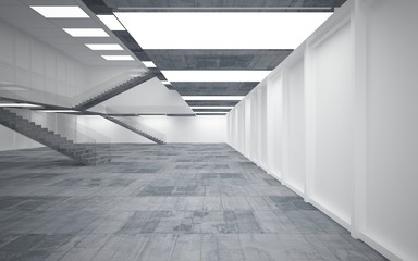 Obraz premium Abstract white and concrete interior multilevel public space with neon lighting. 3D illustration and rendering.