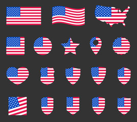 USA flag symbols set, United states of America national flag icons