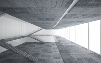 Abstract white and concrete interior multilevel public space with window. 3D illustration and rendering.