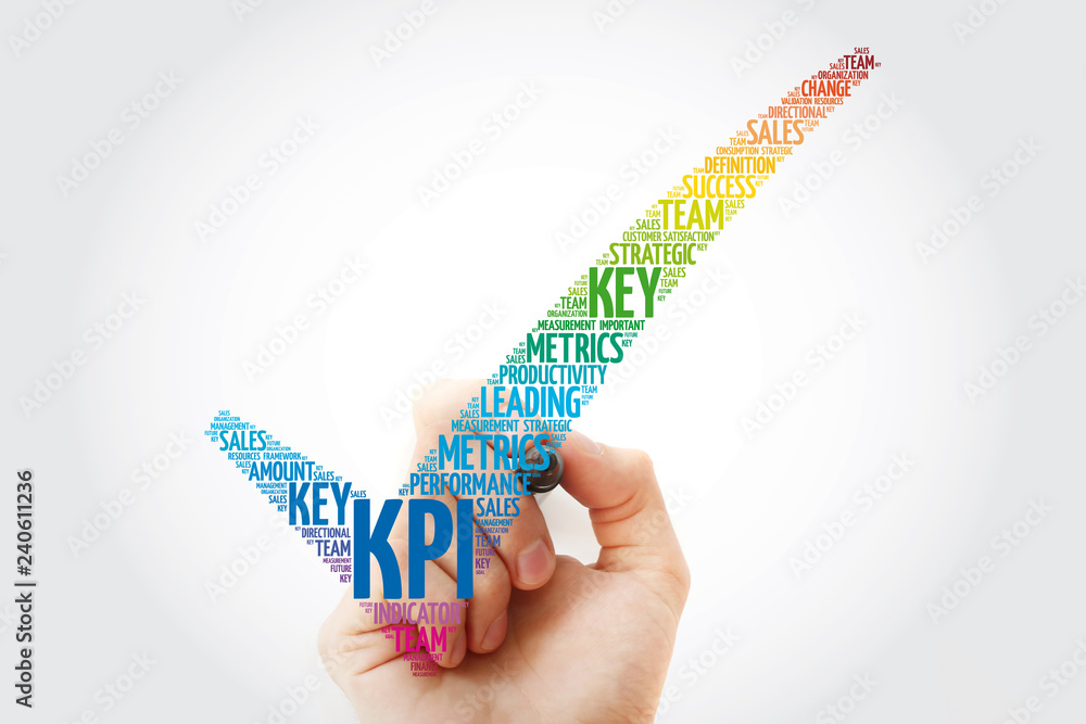 Poster kpi - key performance indicator check mark word cloud with marker, business concept background