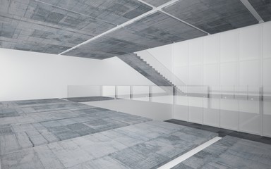 Abstract white and concrete interior multilevel public space with window. 3D illustration and rendering.