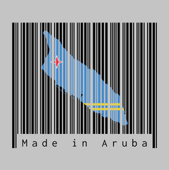 Barcode set the shape to Aruba map outline and the color of Aruba flag on black barcode with grey background, text: Made in Aruba. concept of sale or business.