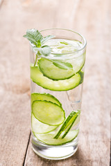 Fresh cucumber and mint in glass. Detox water. Health