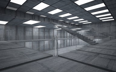 Abstract  concrete interior multilevel public space with neon lighting. 3D illustration and rendering.