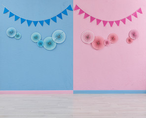 Gender party reveal wall, pink and blue stone wall, boy and girl objects on the wall. Gender party...
