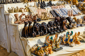 Different egyptian souvenirs for sale in a street shop