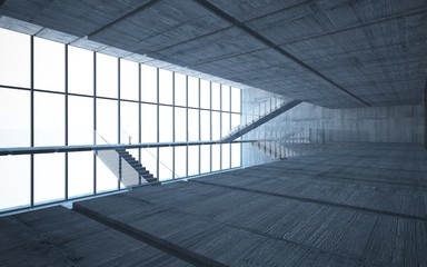 Abstract  concrete interior multilevel public space with window. 3D illustration and rendering.
