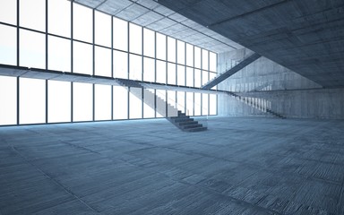 Abstract  concrete interior multilevel public space with window. 3D illustration and rendering.