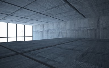 Abstract  concrete interior multilevel public space with window. 3D illustration and rendering.