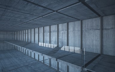 Abstract  concrete interior multilevel public space with window. 3D illustration and rendering.