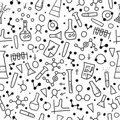 Seamless pattern with chemistry doodle objects set. 