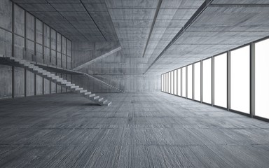 Abstract  concrete interior multilevel public space with window. 3D illustration and rendering.