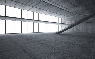 Abstract  concrete interior multilevel public space with window. 3D illustration and rendering.