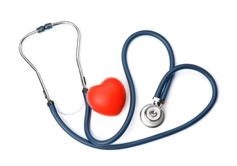 Red heart and stethoscope on white background, top view. Cardiology concept