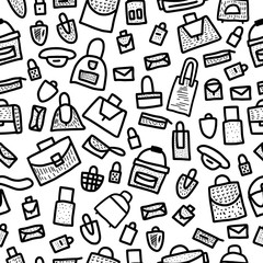 Seamless pattern of bags in doodle style.