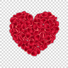 Fototapeta na wymiar Heart shape made of red rose petals on transparent background. Design element for Valentines Day card