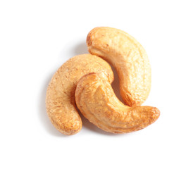 Tasty cashew nuts isolated on white, top view