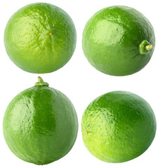 Isolated lime collection. Different angle of whole lime fruit isolated of white background, with clipping path