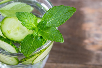 Fresh cucumber and mint in glass. Detox water. Health
