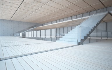 Abstract  concrete and wood interior multilevel public space with window. 3D illustration and rendering.