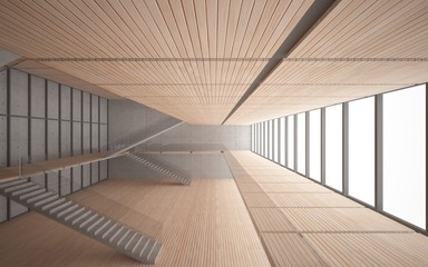 Abstract  concrete and wood interior multilevel public space with window. 3D illustration and rendering.