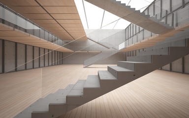 Abstract  concrete and wood interior multilevel public space with window. 3D illustration and rendering.