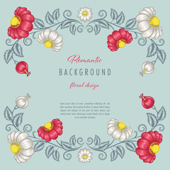 Romantic floral background with stylized flowers. Greeting card or invitation template