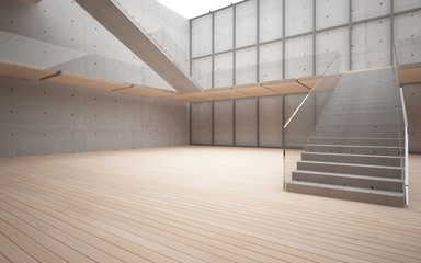 Obraz premium Abstract concrete and wood interior multilevel public space with window. 3D illustration and rendering.