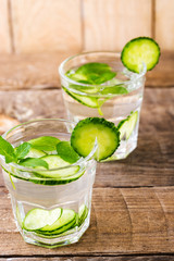 Cucumber water. Summer cool water with mint on table