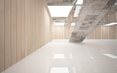 Obraz premium Abstract concrete and wood interior multilevel public space with neon lighting. 3D illustration and rendering.