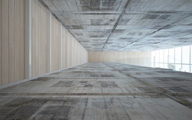 Abstract  concrete and wood interior multilevel public space with window. 3D illustration and rendering.