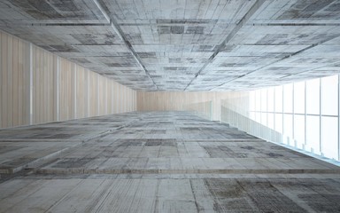Abstract  concrete and wood interior multilevel public space with window. 3D illustration and rendering.