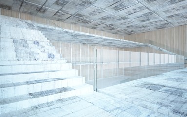 Abstract  concrete and wood interior multilevel public space with window. 3D illustration and rendering.