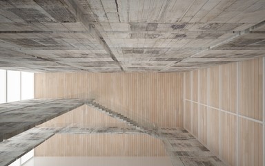 Abstract  concrete and wood interior multilevel public space with window. 3D illustration and rendering.