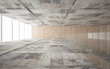 Abstract  concrete and wood interior multilevel public space with window. 3D illustration and rendering.