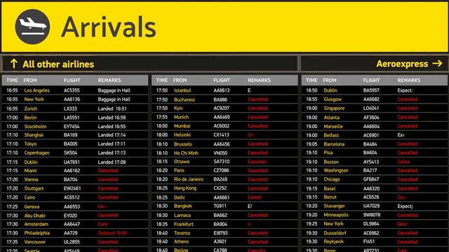 Many flights get canceled on airport arrivals board, severe weather conditions. Destinations, flight status, boarding gates info change on screen