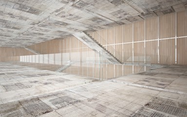 Abstract  concrete and wood interior multilevel public space with window. 3D illustration and rendering.