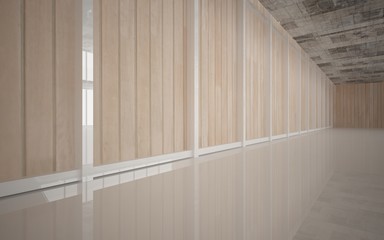 Obraz premium Abstract concrete and wood interior multilevel public space with window. 3D illustration and rendering.