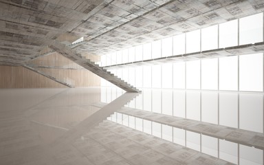 Abstract  concrete and wood interior multilevel public space with window. 3D illustration and rendering.