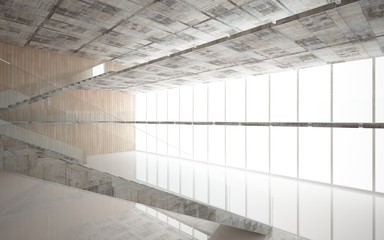 Abstract  concrete and wood interior multilevel public space with window. 3D illustration and rendering.