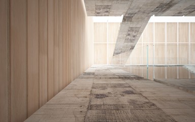 Abstract  concrete and wood interior multilevel public space with window. 3D illustration and rendering.