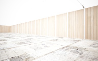 Abstract  concrete and wood interior multilevel public space with window. 3D illustration and rendering.