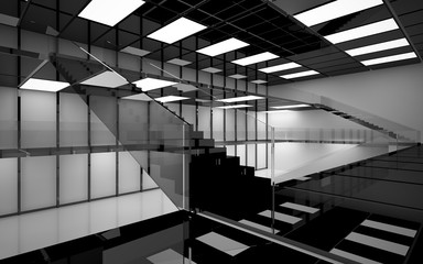 Abstract white and black interior multilevel public space with neon lighting. 3D illustration and rendering.