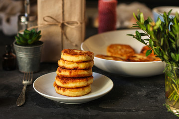 pancakes with chocolate (cheesecakes) cheese cakes. food background