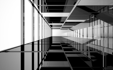 Abstract white and black interior multilevel public space with window. 3D illustration and rendering.