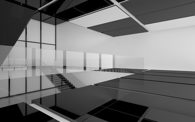 Abstract white and black interior multilevel public space with window. 3D illustration and rendering.