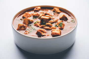 Chole Paneer curry made using boiled chickpea with cottage cheese with spices. Popular North Indian recipe. served in a bowl or serving pan. Selective focus