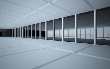 Abstract white and black interior multilevel public space with window. 3D illustration and rendering.